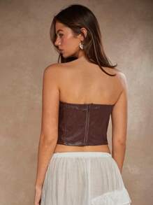 COSMINA Buckle Detail Bandana Hem PU Leather Tube Top - Bronze - View 8