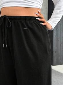 SHEIN EZwear 大码深灰色羊毛保暖柔软休闲抽绳宽松裤 - 黑色 - 查看 6