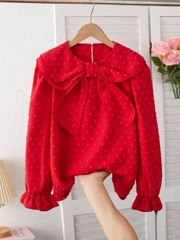 Camicia casual con fiocco, di colore unito, per ragazze pre-adolescenti