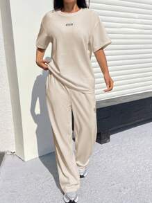 SHEIN EZwear Apricot Textured Casual Loose T-Shirt & Pants Set For Women - Apricot - View 4