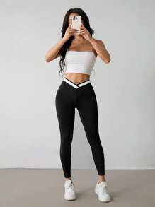 SHEIN PETITE Leggings casual da donna con vita asimmetrica e contrasto di colori, versatili