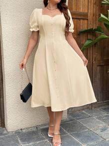 SHEIN Privé Plus Size Women's White Simple Fashion Square Neck Puff Sleeve Midi A-Line Dress, Summer