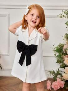 2pcs/Set Baby Girls Big Bow Decor Positioning Ruffled Dress&Matching Hat Set,Puff Sleeves Voluminous Black And White Summer Elegant Birthday Dress - Multicolor - View 4