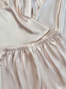 SilkySpell 4pcs Pajama Set: Embroidered Trim V-Neck Faux Silk Cami Sleep Dress And Cami Top & Shorts And Belted Robe, Fall Winter Clothes