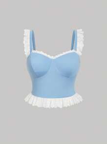 SHEIN MOD Blusa de tirantes con volantes para mujer talla grande, elegante para el Día de la Madre, 4 de julio, primavera/verano, estilo vaquero - Azul y blanco - Ver 1