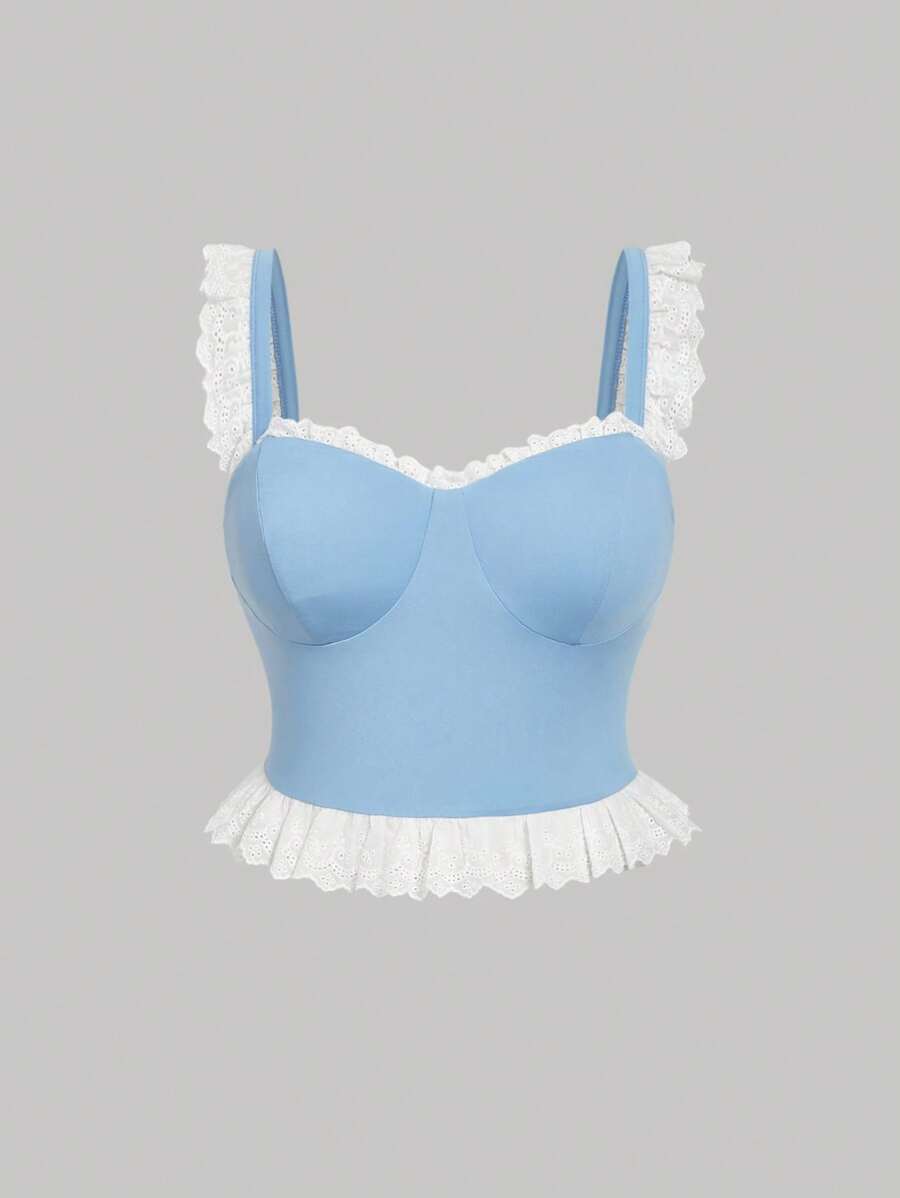 SHEIN MOD Plus Size Women Romantic Ruffle Strap Tank Top, Spring/Summer Work Top Mother Day 4th Of July Elegant Tops Cowgirl - Blue and White - View 1