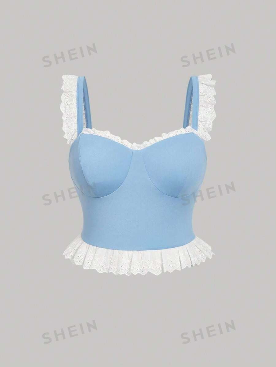 SHEIN MOD Blusa de tirantes con volantes para mujer talla grande, elegante para el Día de la Madre, 4 de julio, primavera/verano, estilo vaquero - Azul y blanco - Ver 1