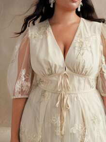 Anewsta 春夏优雅度假婚礼宾客礼服女士大码春夏网眼刺绣音乐节腰带泡泡袖连衣裙