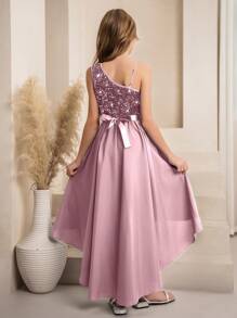 SHEIN Flower Girl High-End Sequin One Shoulder Cutout A-Line Uneven Hem Mid-Length Dress, Suitable For Weddings, Formal Events, Birthday Parties - Pink - View 2