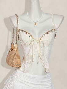 SHEIN ICON Textured Jacquard Fabric Slit Hem Bohemian Style Camisole - Beige - View 1