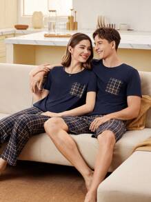 Men's Plaid Pocket Short Sleeve Shirt And Shorts Pajama Set - Navy Blue - View 1
