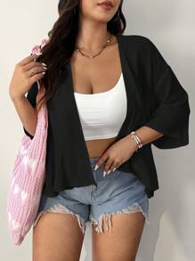 SHEIN EZwear Plus Size Summer Cotton Casual White Short Cropped Lightweight Jacket - Black - View 1