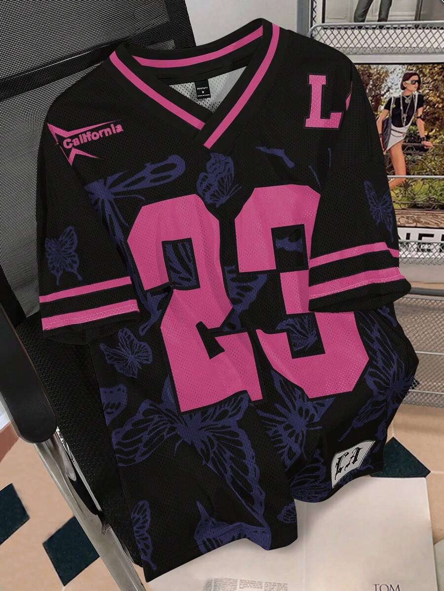 Manfinity Hypemode 男士街頭風寬鬆大尺寸 T-shirt 黑粉配色網眼籃球球衣風上衣,夏季城市度假嘻哈 Y2K 賽車風拼色字母印花短袖 T - 彩色 - 查看 1