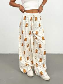 SHEIN PETITE Pantaloni a vita alta a zampa larga con cravatta in vita e motivo a quadri con orsetti cartooneschi per donne