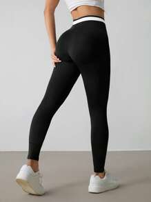 SHEIN PETITE Leggings casual da donna con vita asimmetrica e contrasto di colori, versatili