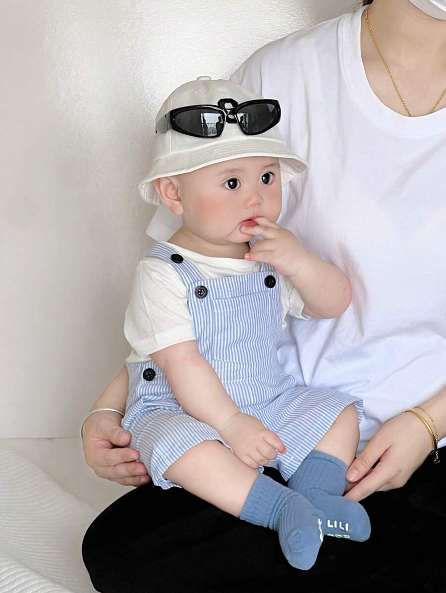 SHEIN Vintaside Kids 男婴条纹休闲时尚可爱连体裤 - 藍色 - 查看 1