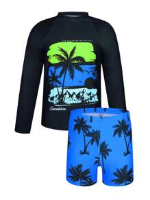 SHEIN Tween Boy Tropical Leaves Print Long Sleeve 2pcs Swimsuit Set - Rash Guard & Shorts - Multicolor - View 3