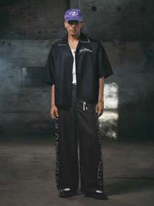 Manfinity VCAY Men's Digital Print Small Flat Collar Short Sleeve Loose Fit Shirt - Black - View 3