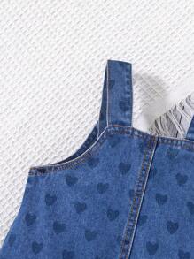 Baby Girl Heart Print Ruffle Hem Strap Denim Dress,Aqua Blue,Summer,Cute,Vacation,Fashionable Casual Street Style Heart Embroidery Blue Denim Dress - Blue - View 4