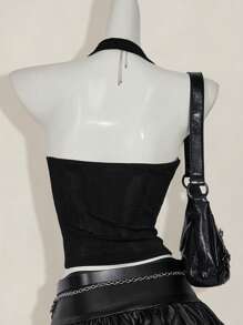 SHEIN ICON 女士休闲深 V 领扭结背心 - 黑色 - 查看 2