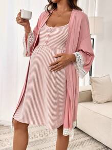 Slowluna 2 pièces Ensemble de veste à patchwork en dentelle bicolore et robe-débardeur rayée pour femmes enceintes - Rose bonbon - Voir 5