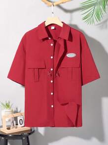 SHEIN Teen Boys' Casual Comfortable Fashionable Street Style Metal Button Double Pocket Woven Logo Decor Short Sleeve Shirt - Burgundy - View 7