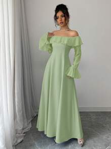 Elenzga 女士时尚露肩长裙 - 綠色 - 查看 6