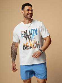 EASEVO Men's Plus Size Casual Letter Print Knit T-Shirt And Shorts Set