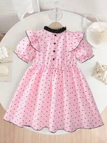 Young Girl Polka Dot Print Bow Decor Short Puff Sleeve Cute Casual Dress - Pink - View 2