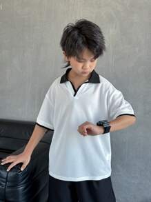 Tween 男童休闲度假百搭罗纹领半拉链 V 领宽松针织 Polo 衫，适合学校、花园、海滩、生日、春夏秋冬四季 - 白色 - 查看 6
