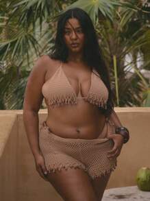 MUSERA Plus Size Sexy Cute Elegant Crochet Knit Halterneck Fringed Beaded Triangle Bikini Top Boho For Swim Holiday For - Camel - View 1