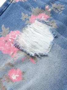 ROMWE MEN Men's Floral Print Patch Pocket Distressed Loose Casual Denim Shorts, Vacation - Blue - View 6