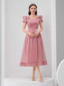 Modelyn Women's Elegant Dusty Pink Midi Dress With Square Neckline And Unique Bow-Knot Sleeveless Design - Dusty Pink - View 5