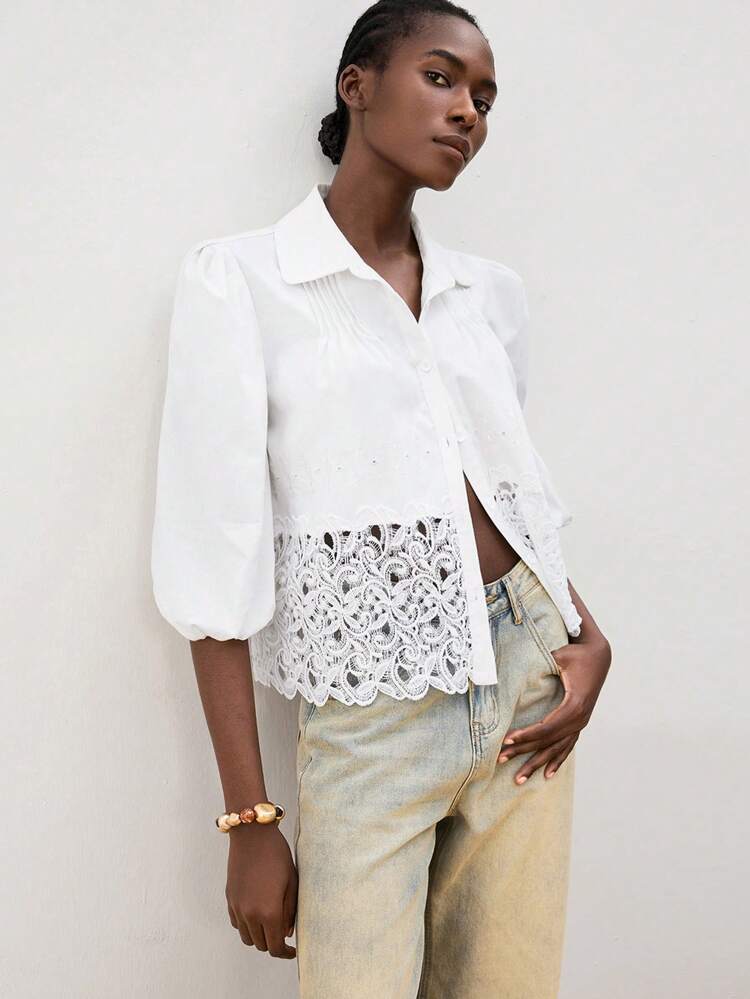 SHEIN Maija Women Solid Color Lantern Sleeve Contrast Lace Single-Breasted Blouse