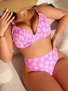 Swim Vcay Floral Print Plus Size Halter Swimsuit Set For Summer Beach Vacation - Pink - View 1