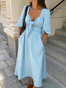 SHEIN VCAY Women's Simple Solid Color Sweetheart Neck Waist Cinched Summer Dress,Summer Outfits For Women,Summer Dresses For Women,Vacation Outfits Women,Summer Dresses,Sun Dresses For Women,Vacation,Women Summer Clothes - Blue - View 10