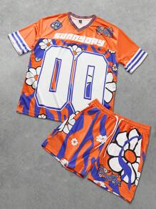 PAVTROS Conjunto de estilo casual urbano juvenil para hombre - Camiseta de manga corta holgada con cuello en V y estampado gráfico y shorts de punto, apropiado como regalo para novio o esposo (2 piezas) - Naranja - Ver 4