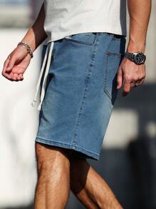 Manfinity Homme Plus Size Men's Summer Casual Washed Drawstring Waist Loose Denim Shorts