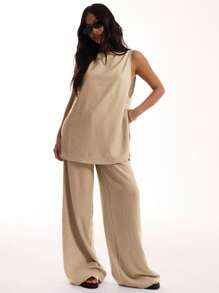 MUSERA 亚麻质感弹力腰带长裤，适合度假夏季海滩，可爱优雅，伊比沙岛海滩春季假日必备 - 棕色 - 查看 3