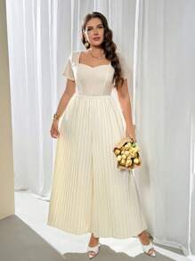 Firerie 大码女式春夏舒适休闲优雅度假新品办公室/工作通勤百褶宽松弹力连体裤 - 杏色 - 查看 6