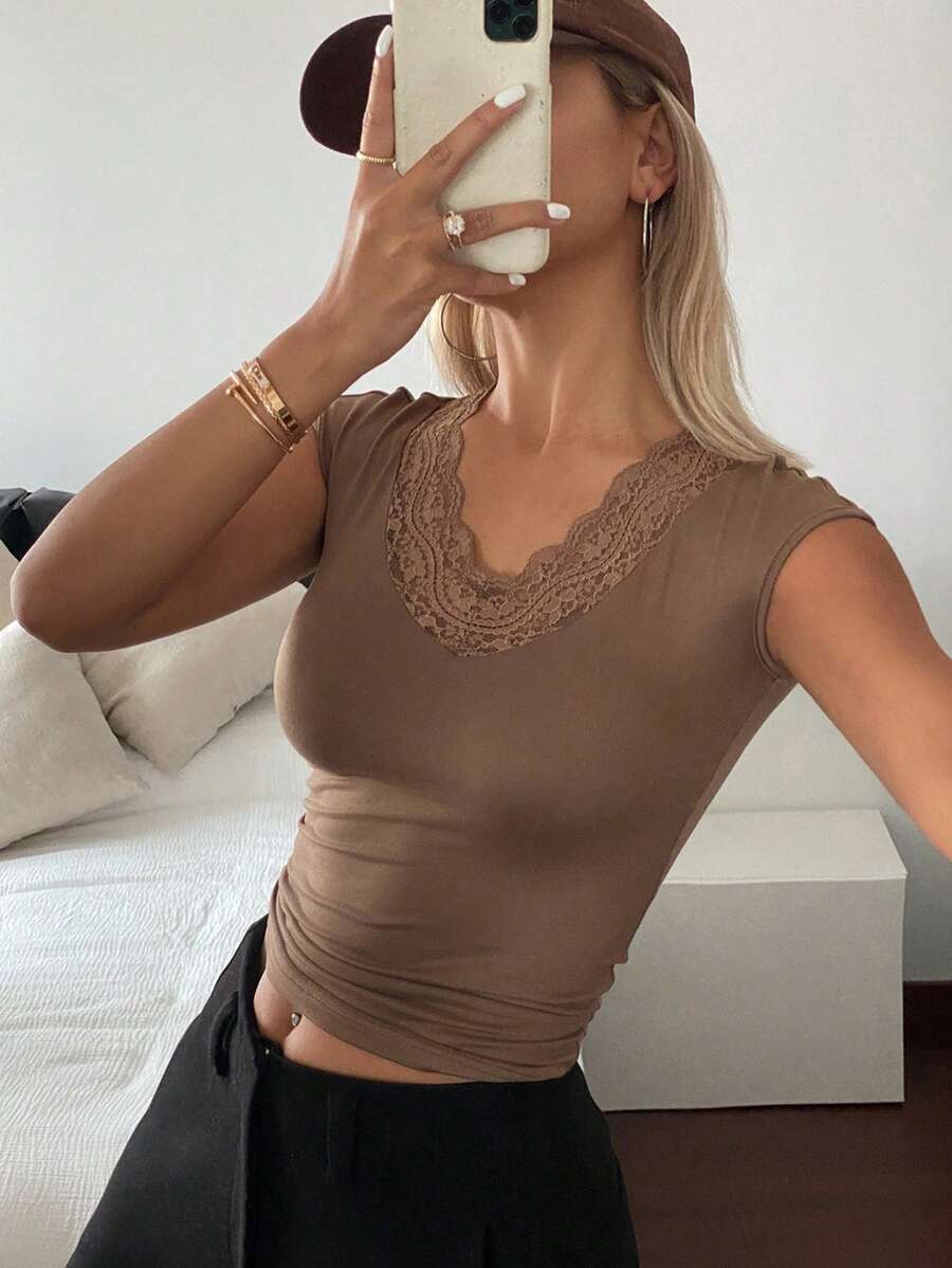 DAZY Slim Fit Sexy Hollow-Out Lace V-Neck Short Sleeve Women T-Shirt