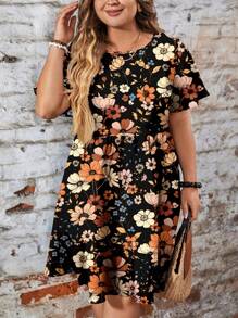 EMERY ROSE Váy suông tay ngắn cổ tròn họa tiết hoa đơn giản, phù hợp với người ngoại cỡ, mùa xuân/hè - Nhiều màu - Xem 7