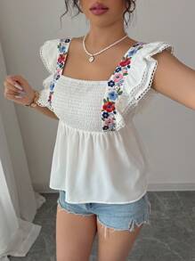 Elenzga 女士花卉印花披肩领双层盖袖衬衫 - 白色 - 查看 3