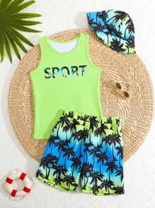 Conjunto de dos piezas de traje de baño para niño preadolescente, incluye parte superior tipo camiseta estampada con protección solar, sombrero y shorts de playa estampados. Atuendo deportivo casual y fresco, apropiado para vacaciones y verano - Multicolor - Ver 1