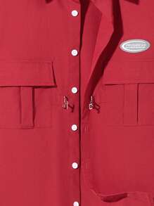 SHEIN Teen Boys' Casual Comfortable Fashionable Street Style Metal Button Double Pocket Woven Logo Decor Short Sleeve Shirt - Burgundy - View 3