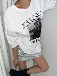 DAZY Women's Oversized Round Neck Letter & Figure Print Dropped Shoulder T-Shirt Graphic Tee Streetwear - White - View 6