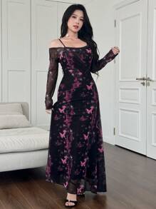 Modelyn Damen langes Mesh-Schmetterling romantisches figurbetontes Fischschwanz-Kleid - Pink - Übersicht 5