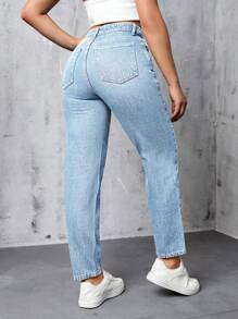 Selenza Washed Distressed Rhinestone Jeans, Casual Tapered Pants - Blue and White - View 6