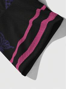 Manfinity Hypemode 男士街頭風寬鬆大尺寸 T-shirt 黑粉配色網眼籃球球衣風上衣，夏季城市度假嘻哈 Y2K 賽車風拼色字母印花短袖 T - 彩色 - 查看 3