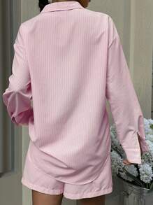 Muchica Women 2 Pieces Outfits Stripes Long Sleeve Printed Shirt And Elastic Shorts With Pockets Casual Sport Set, Spring/Summer Clothes, Beach For - Pink - View 2